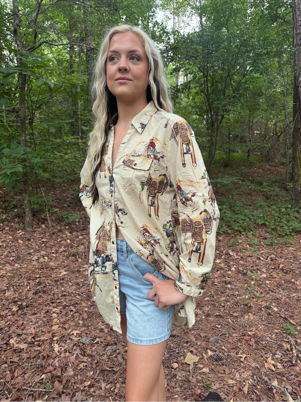 Tasha Polazzi Collection Western Horse Print Snap-Up Shirt